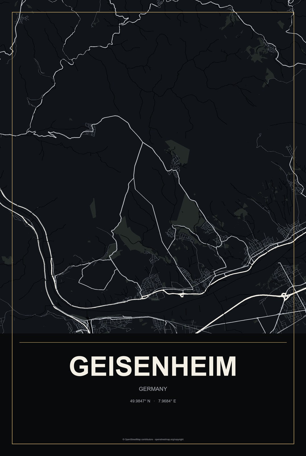 Geisenheim, Germany City Map Aluminum Sign in Metropolitan Noir style