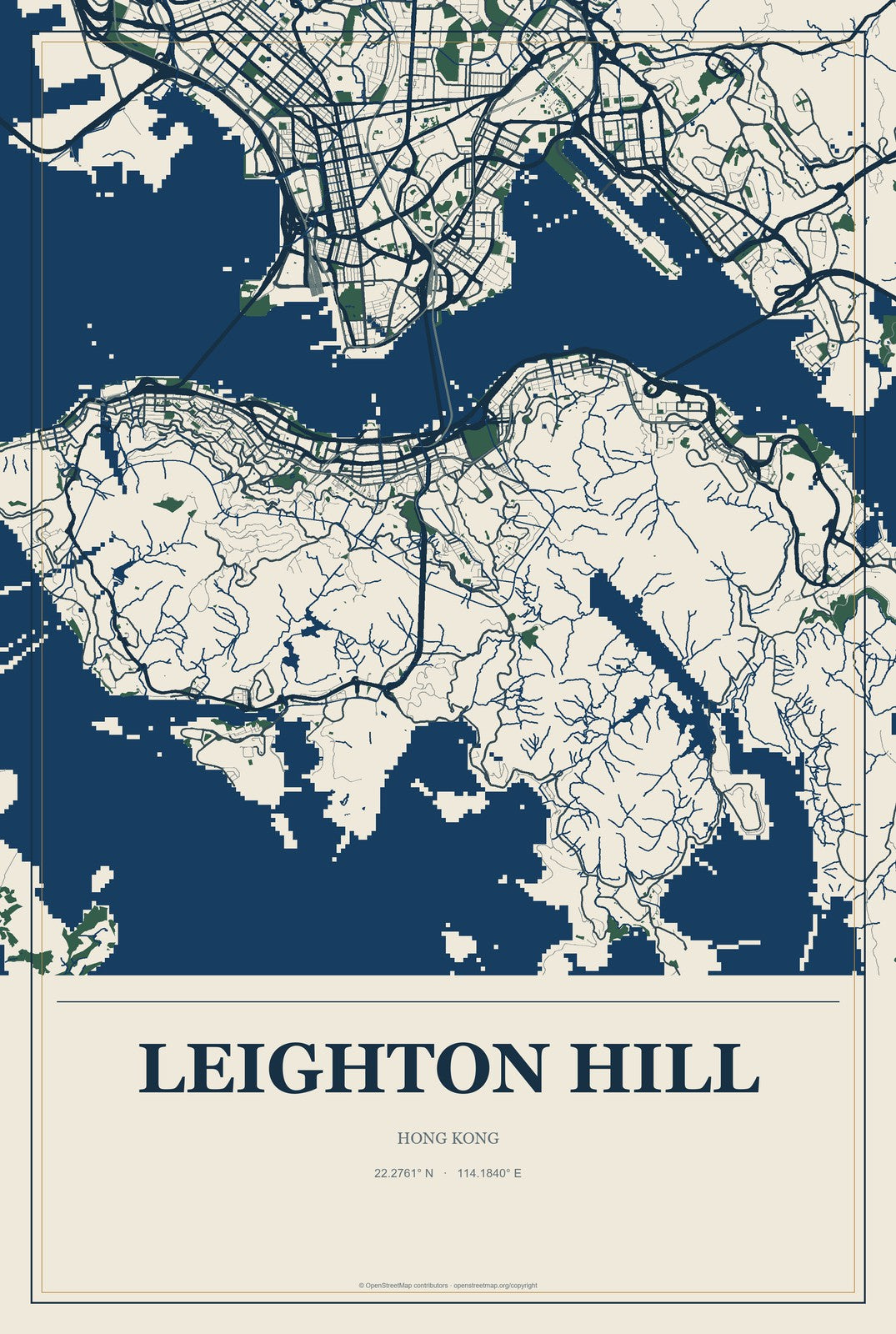 Leighton Hill, Hong Kong City Map Aluminum Sign in Coastal Cutout style