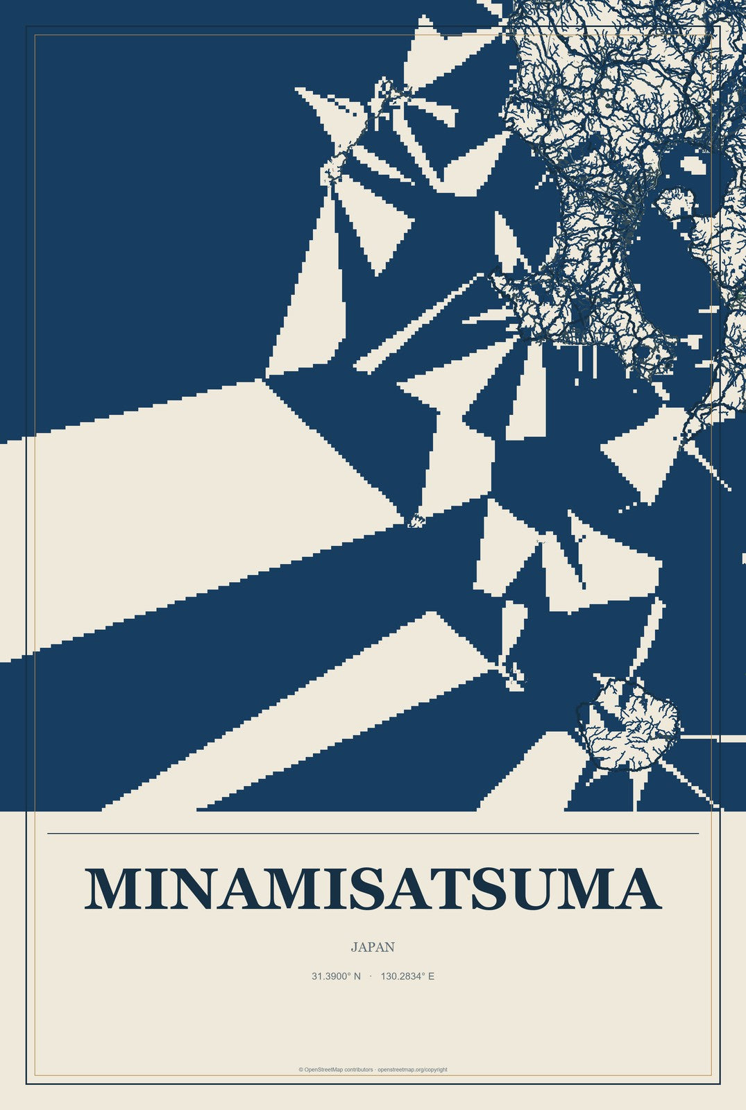 Minamisatsuma, Japan City Map Aluminum Sign in Coastal Cutout style