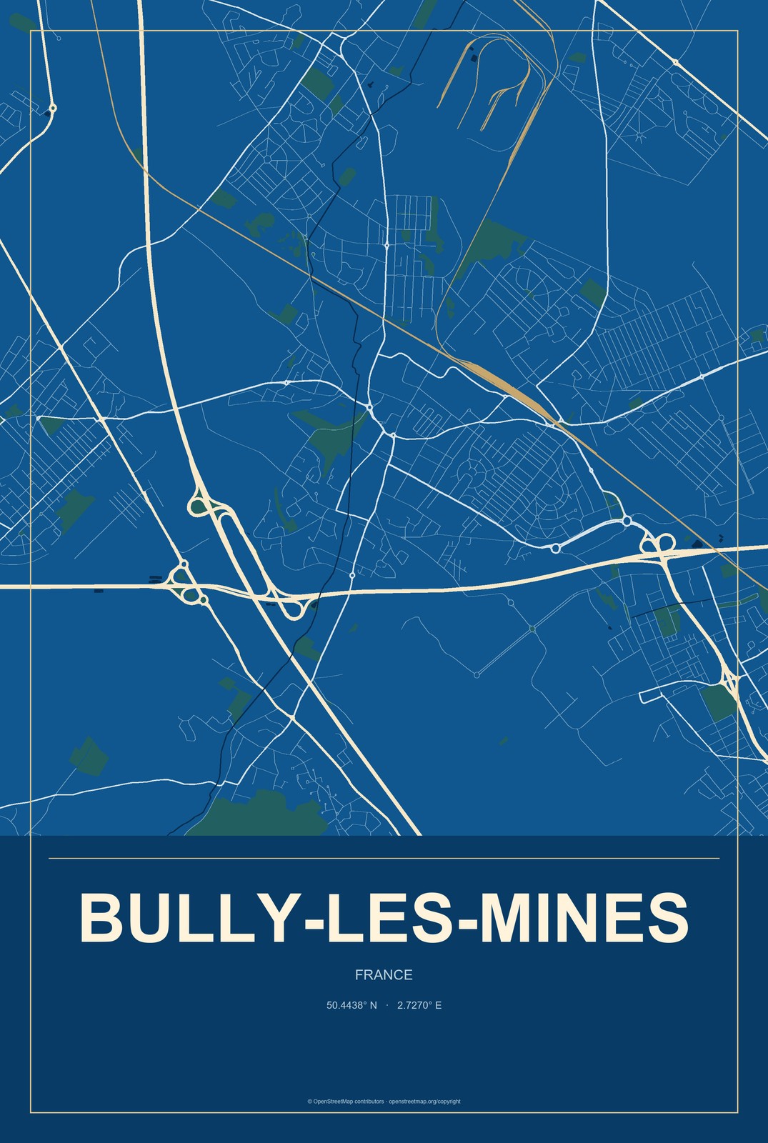 Bully-les-Mines, France City Map Aluminum Sign in Harbor Cobalt style