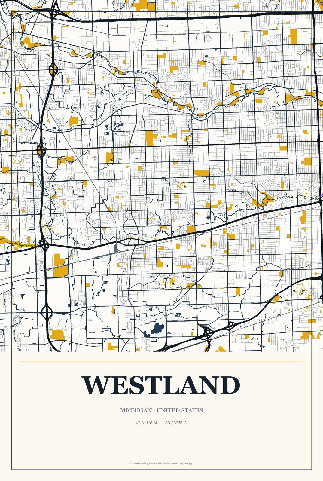 Westland, Michigan City Map Aluminum Sign in Citrine Modern style