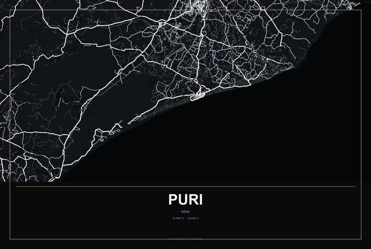 Puri, India City Map Aluminum Sign in Metropolitan Noir style