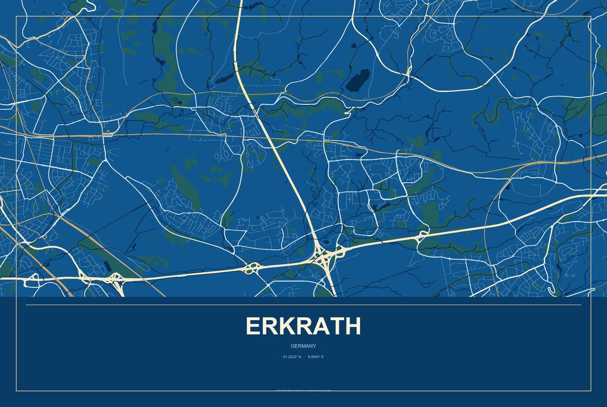 Erkrath, Germany City Map Aluminum Sign in Harbor Cobalt style