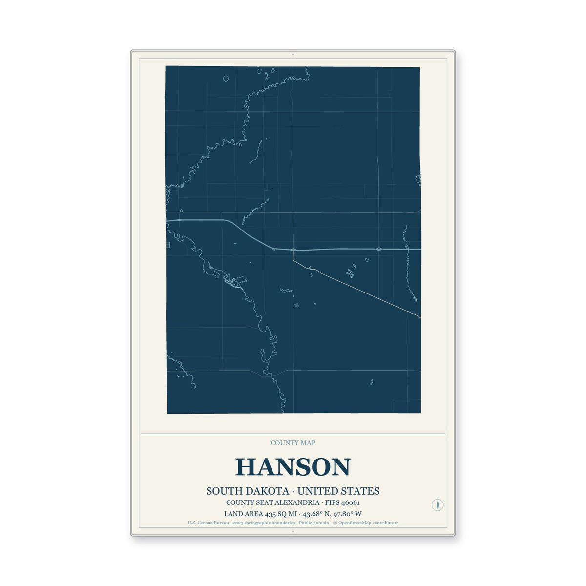 Hanson County, South Dakota Map Aluminum Sign in Coastal Cutout style