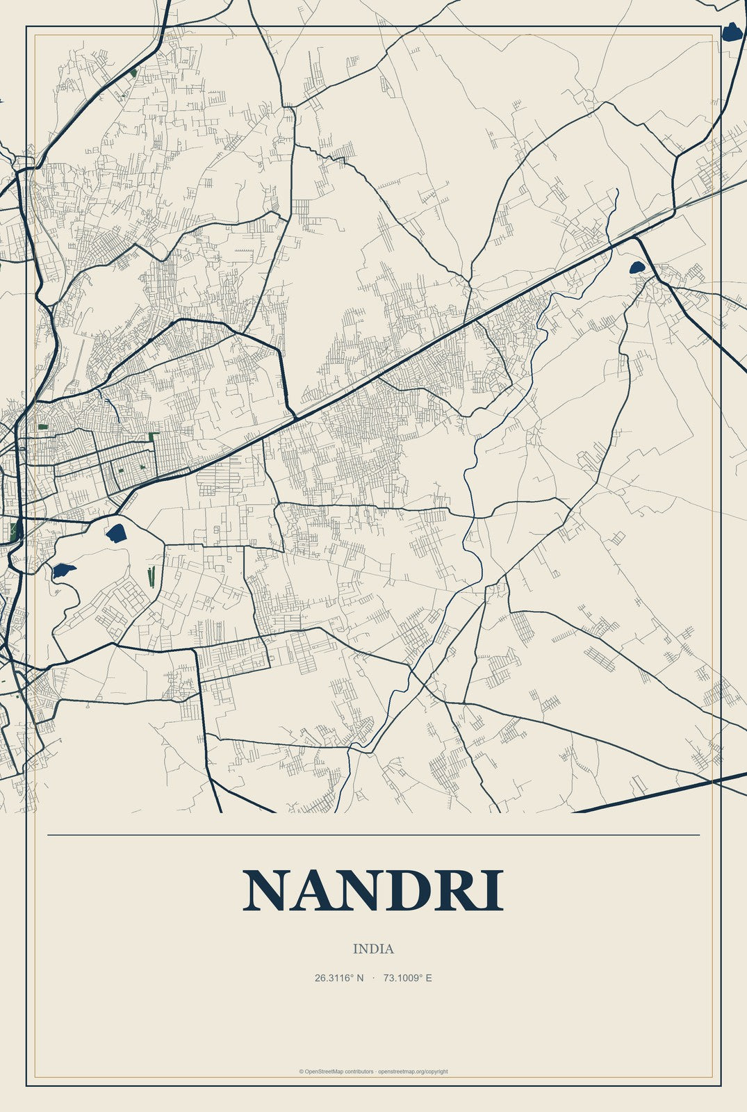 Nandri, India City Map Aluminum Sign in Coastal Cutout style