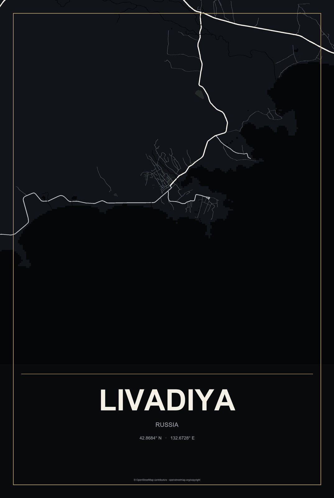 Livadiya, Russia City Map Aluminum Sign in Metropolitan Noir style