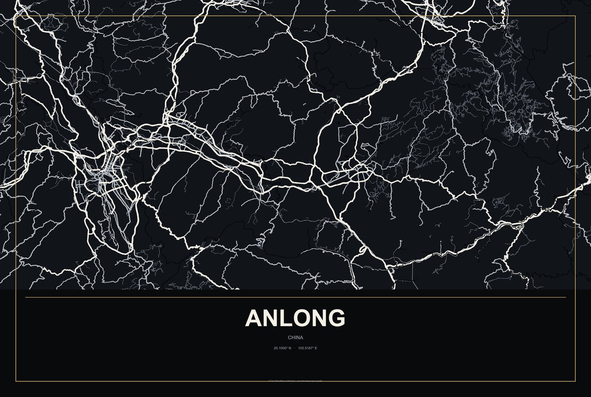 Anlong, China City Map Aluminum Sign in Metropolitan Noir style