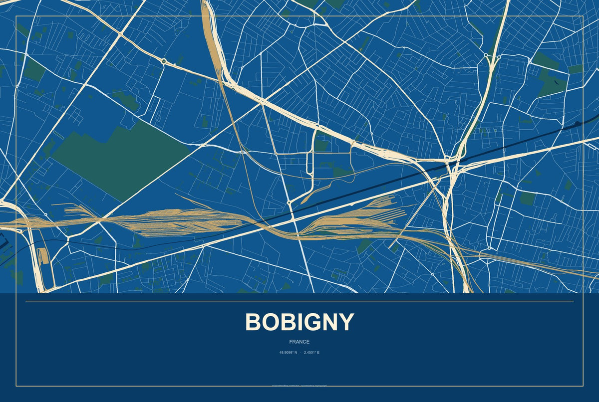 Bobigny, France City Map Aluminum Sign in Harbor Cobalt style