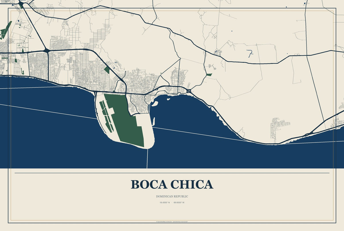 Boca Chica, Dominican Republic City Map Aluminum Sign in Coastal Cutout style