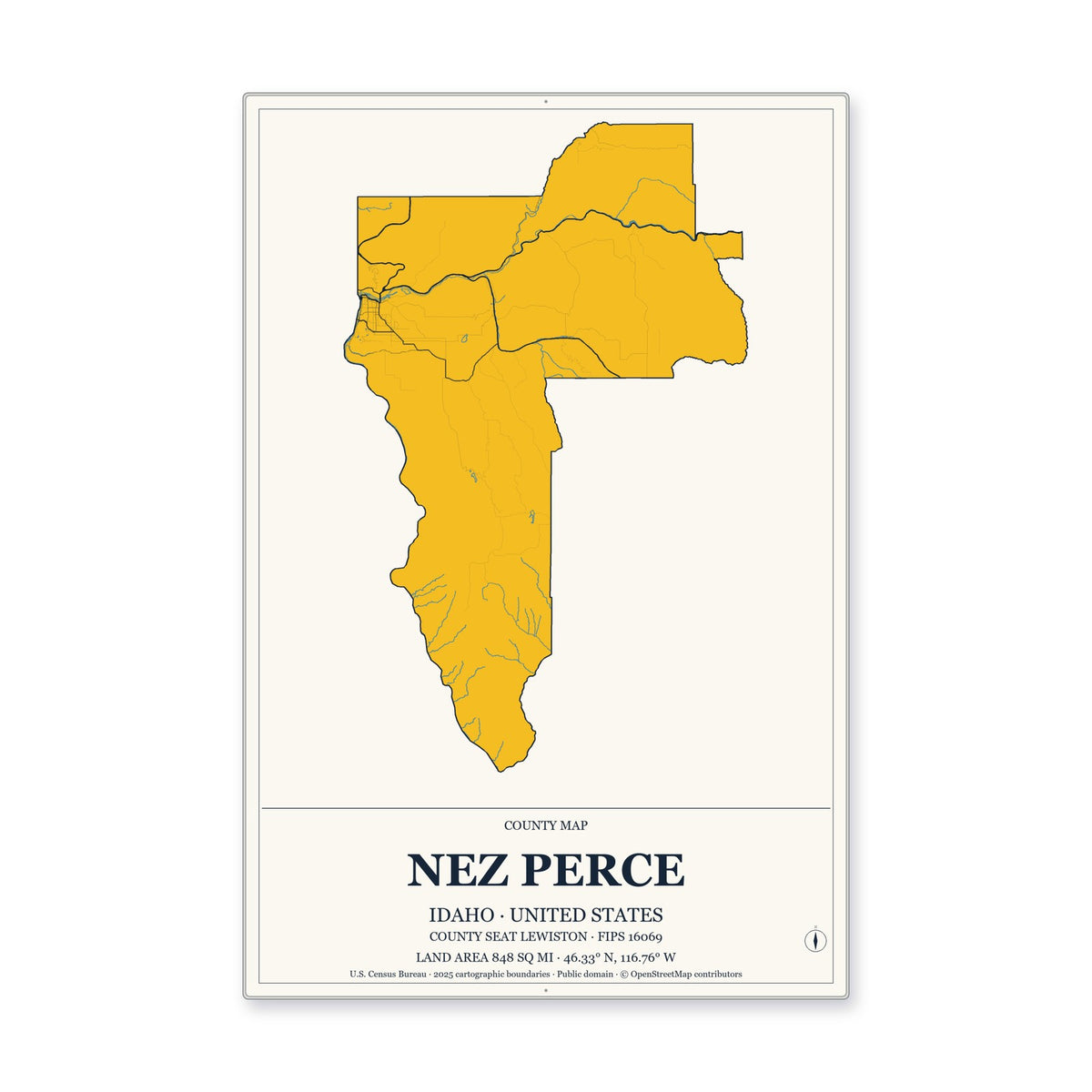 Nez Perce County, Idaho Map Aluminum Sign in Citrine Modern style