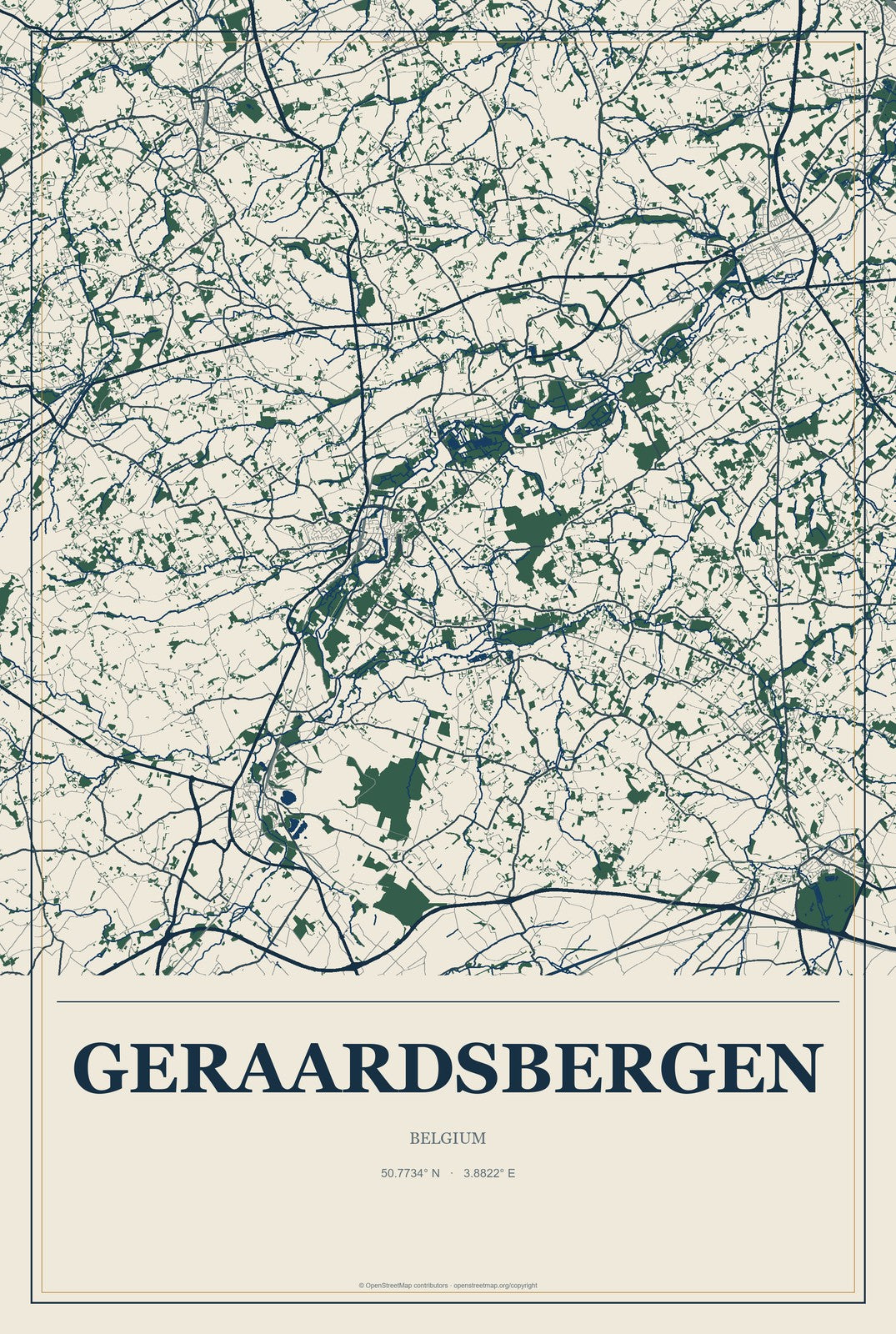 Geraardsbergen, Belgium City Map Aluminum Sign in Coastal Cutout style