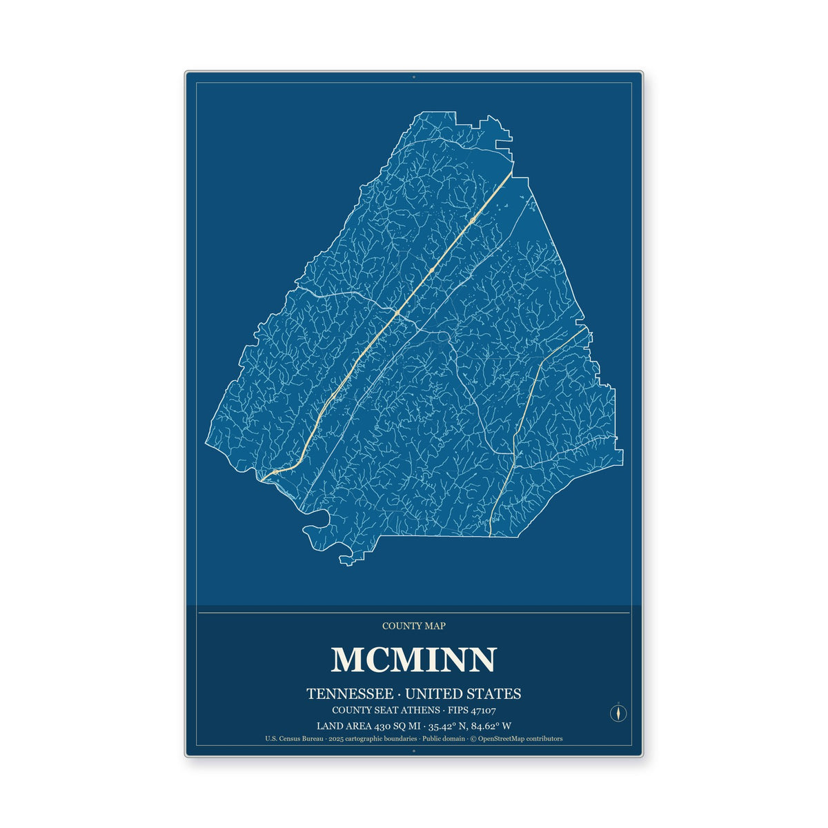 McMinn County, Tennessee Map Aluminum Sign in Harbor Cobalt style