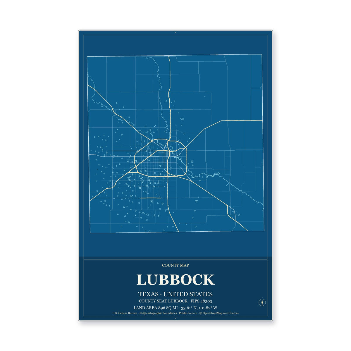 Lubbock County, Texas Map Aluminum Sign in Harbor Cobalt style