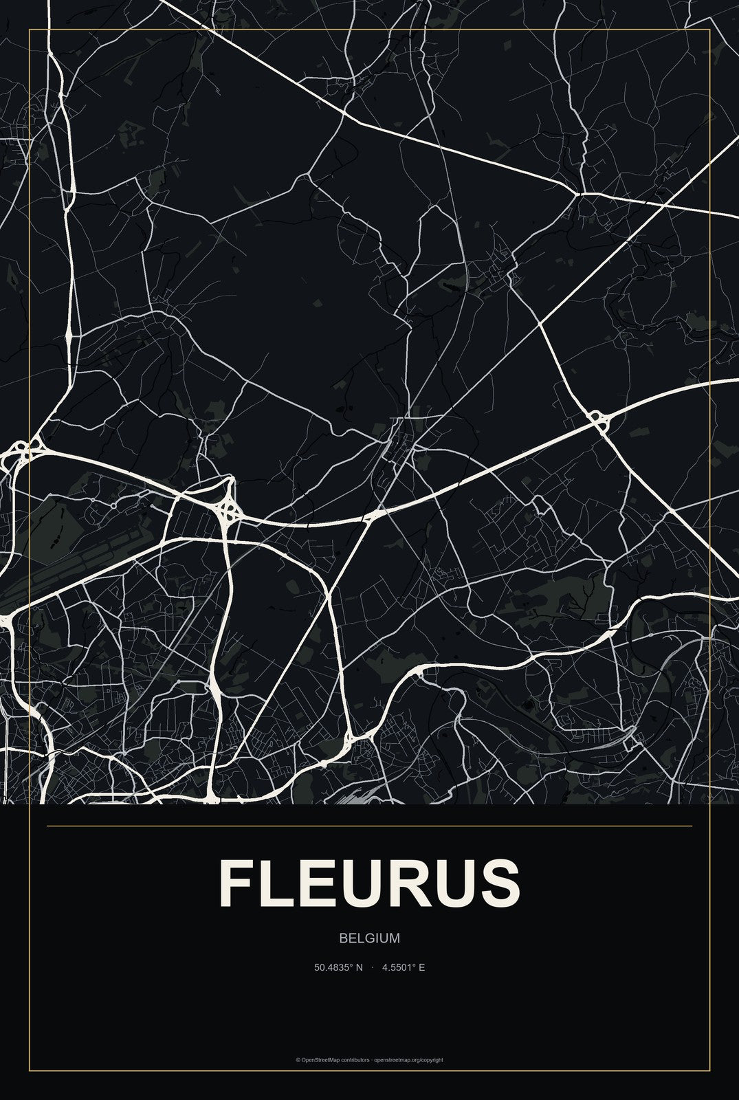 Fleurus, Belgium City Map Aluminum Sign in Metropolitan Noir style