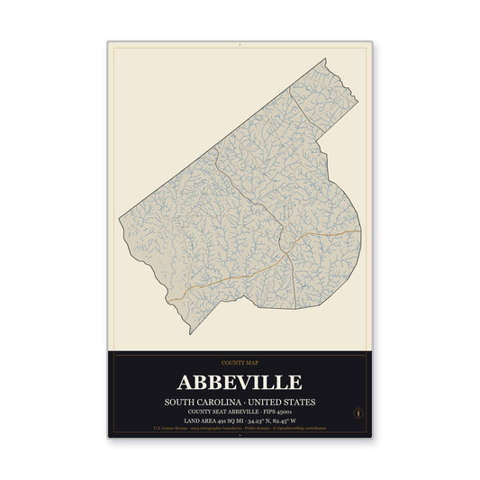 Abbeville County, South Carolina Map Aluminum Sign in Museum Plaque style