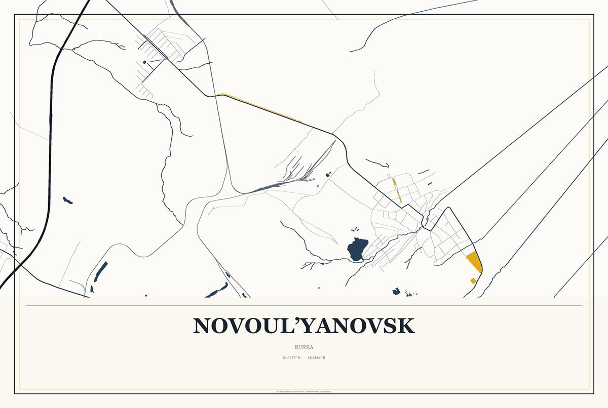 Novoul’yanovsk, Russia City Map Aluminum Sign in Citrine Modern style