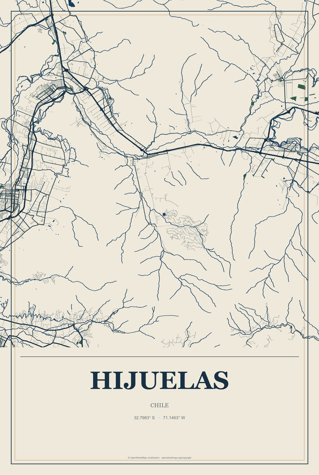 Hijuelas, Chile City Map Aluminum Sign in Coastal Cutout style