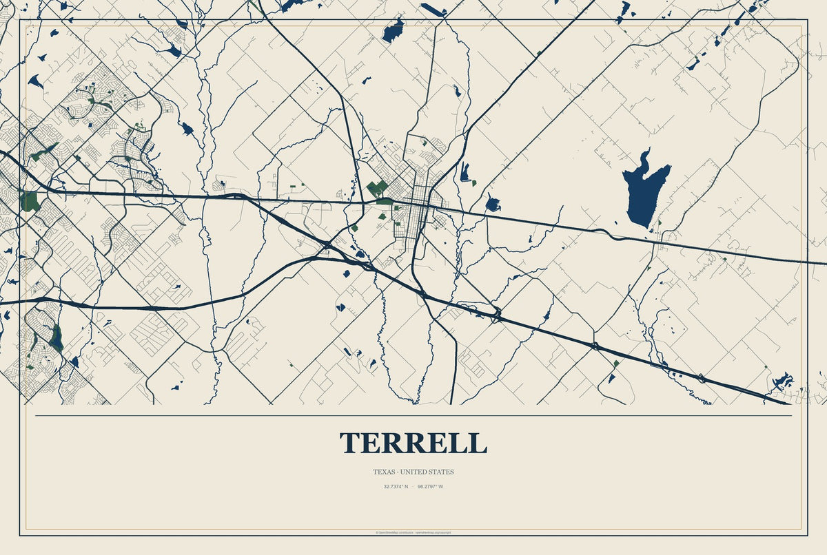 Terrell, Texas City Map Aluminum Sign in Coastal Cutout style