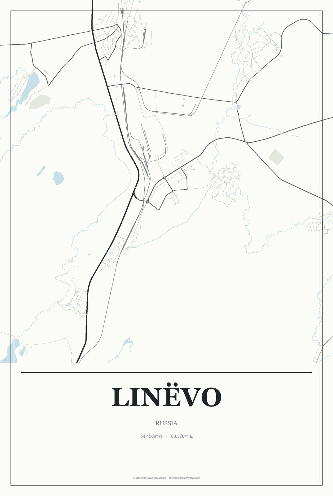 Linëvo, Russia City Map Aluminum Sign in Gallery Air style