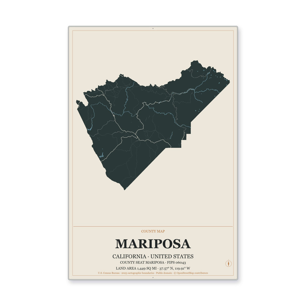Mariposa County, California Map Aluminum Sign in Headline Atlas style