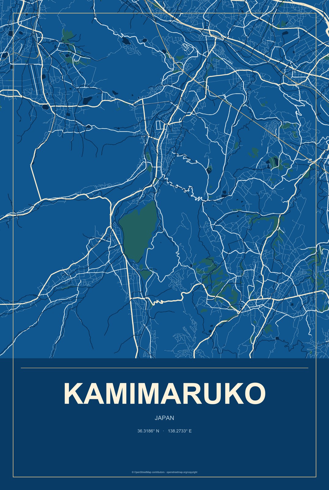 Kamimaruko, Japan City Map Aluminum Sign in Harbor Cobalt style