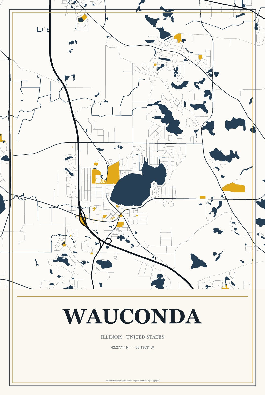 Wauconda, Illinois City Map Aluminum Sign in Citrine Modern style