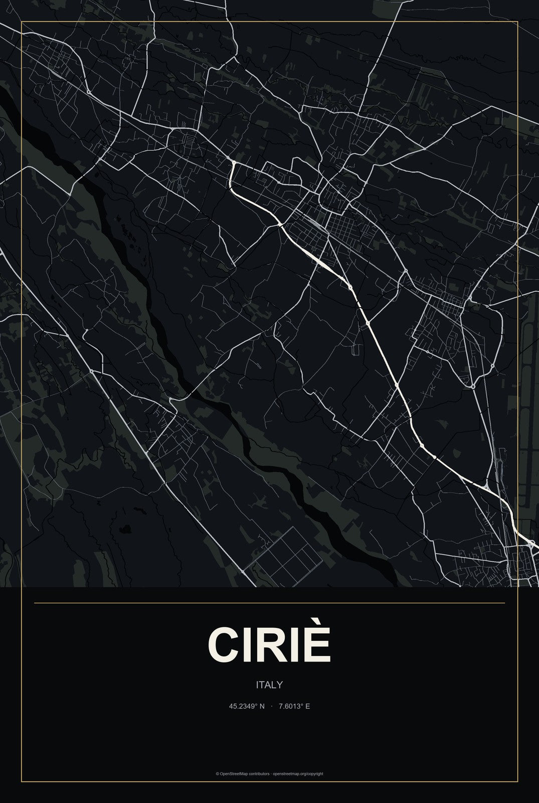 Ciriè, Italy City Map Aluminum Sign in Metropolitan Noir style