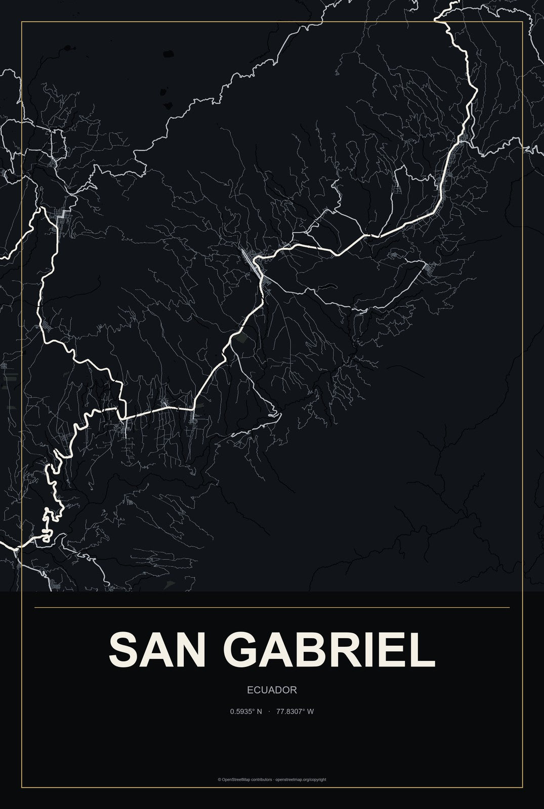 San Gabriel, Ecuador City Map Aluminum Sign in Metropolitan Noir style
