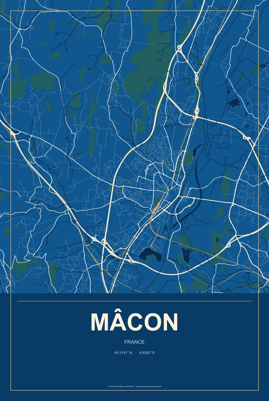 Mâcon, France City Map Aluminum Sign in Harbor Cobalt style