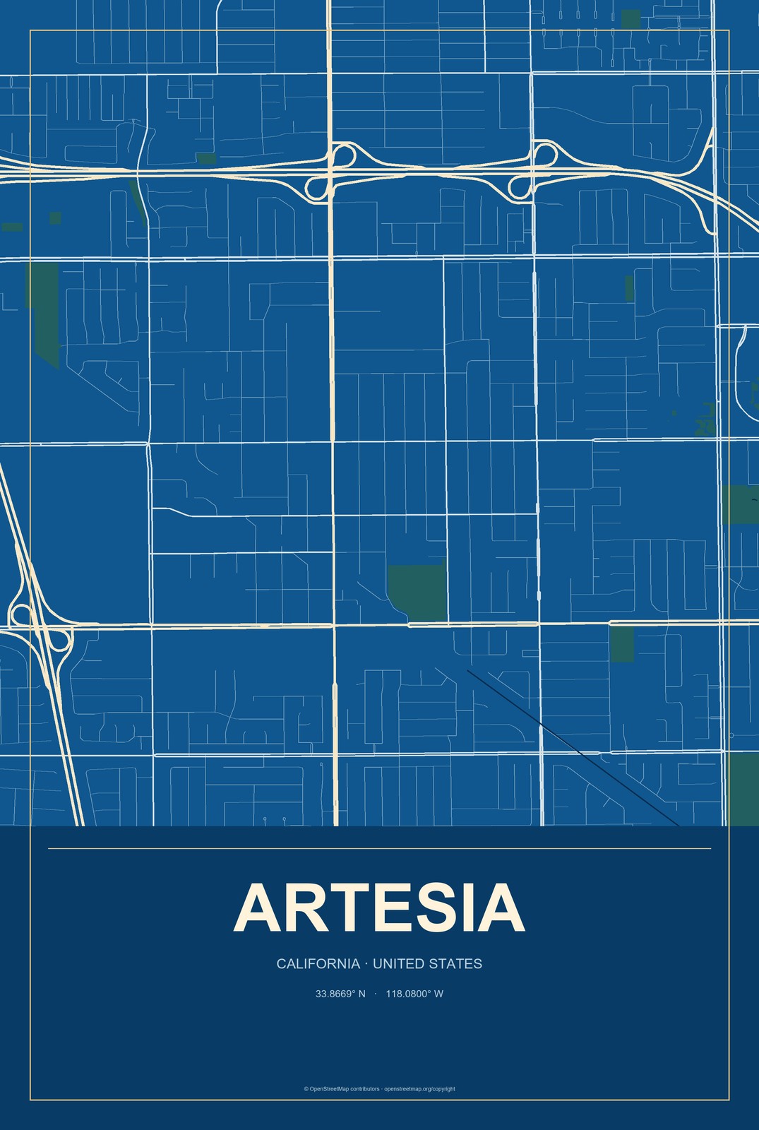 Artesia, California City Map Aluminum Sign in Harbor Cobalt style