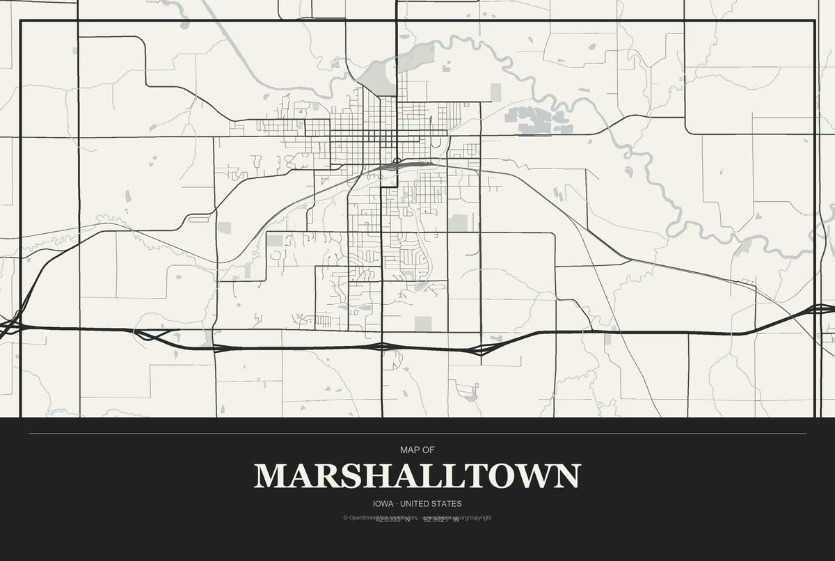Marshalltown, Iowa City Map Aluminum Sign in Museum Plaque style