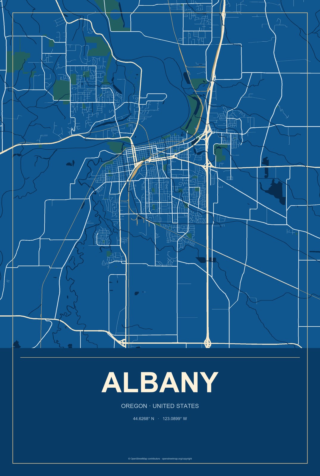 Albany, Oregon City Map Aluminum Sign in Harbor Cobalt style