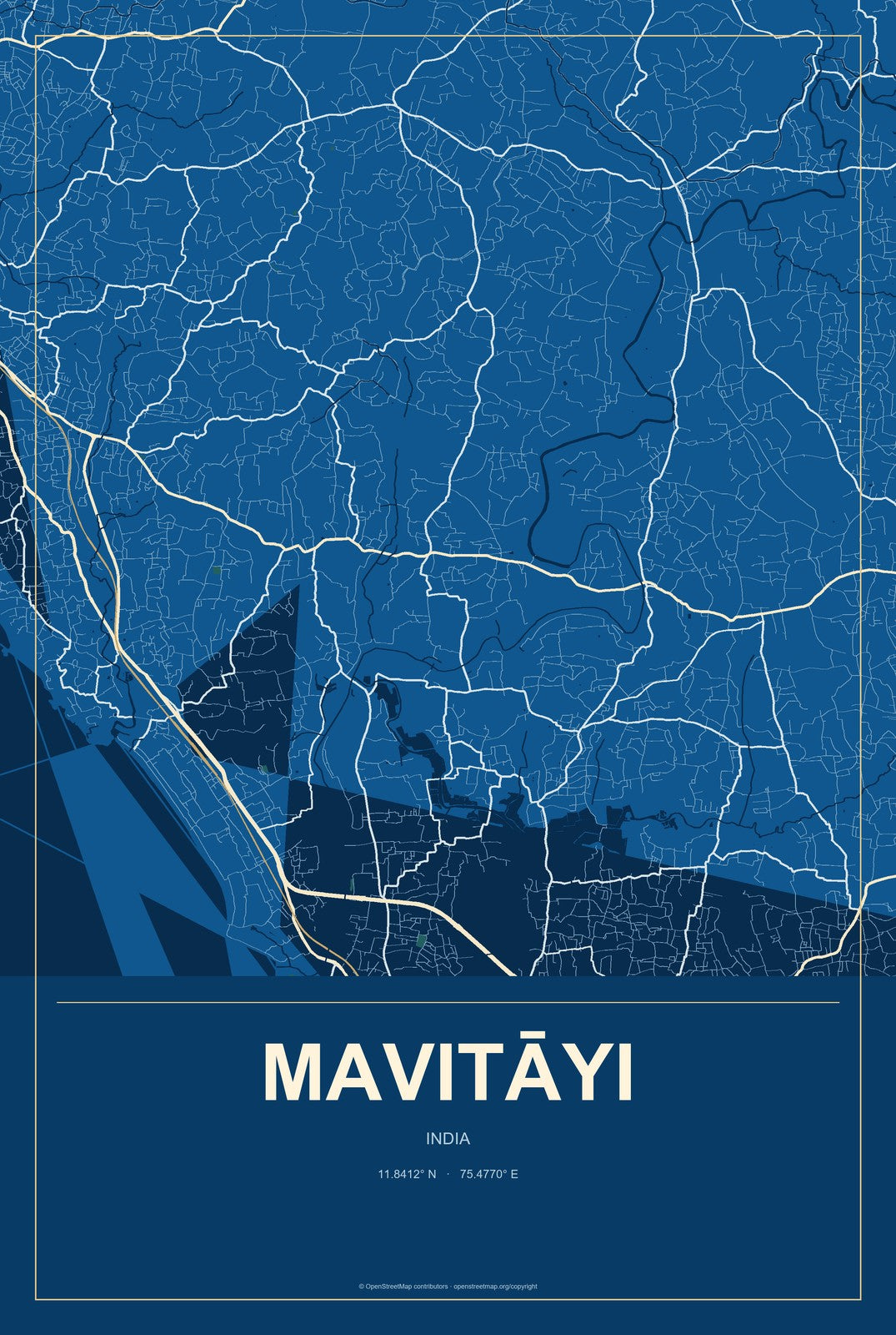 Mavitāyi, India City Map Aluminum Sign in Harbor Cobalt style