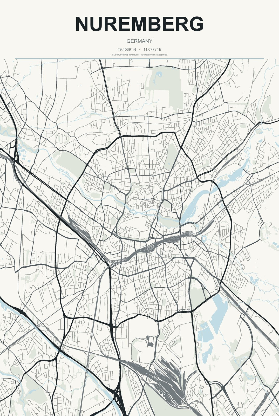 Nuremberg, Germany City Map Aluminum Sign in Headline Atlas style