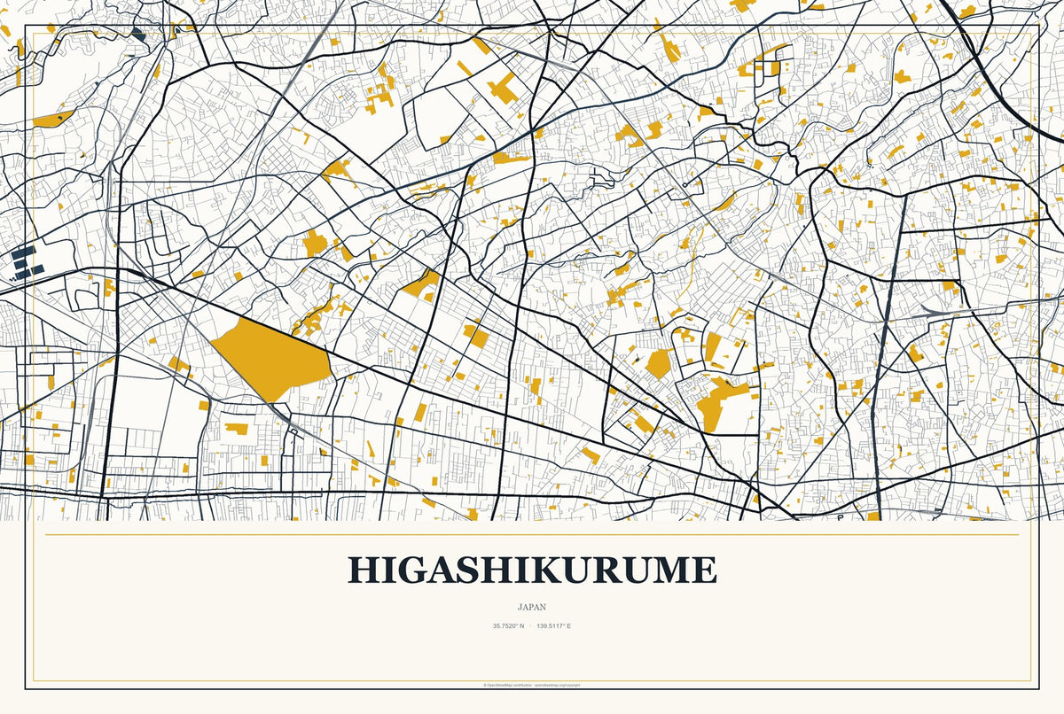 Higashikurume, Japan City Map Aluminum Sign in Citrine Modern style