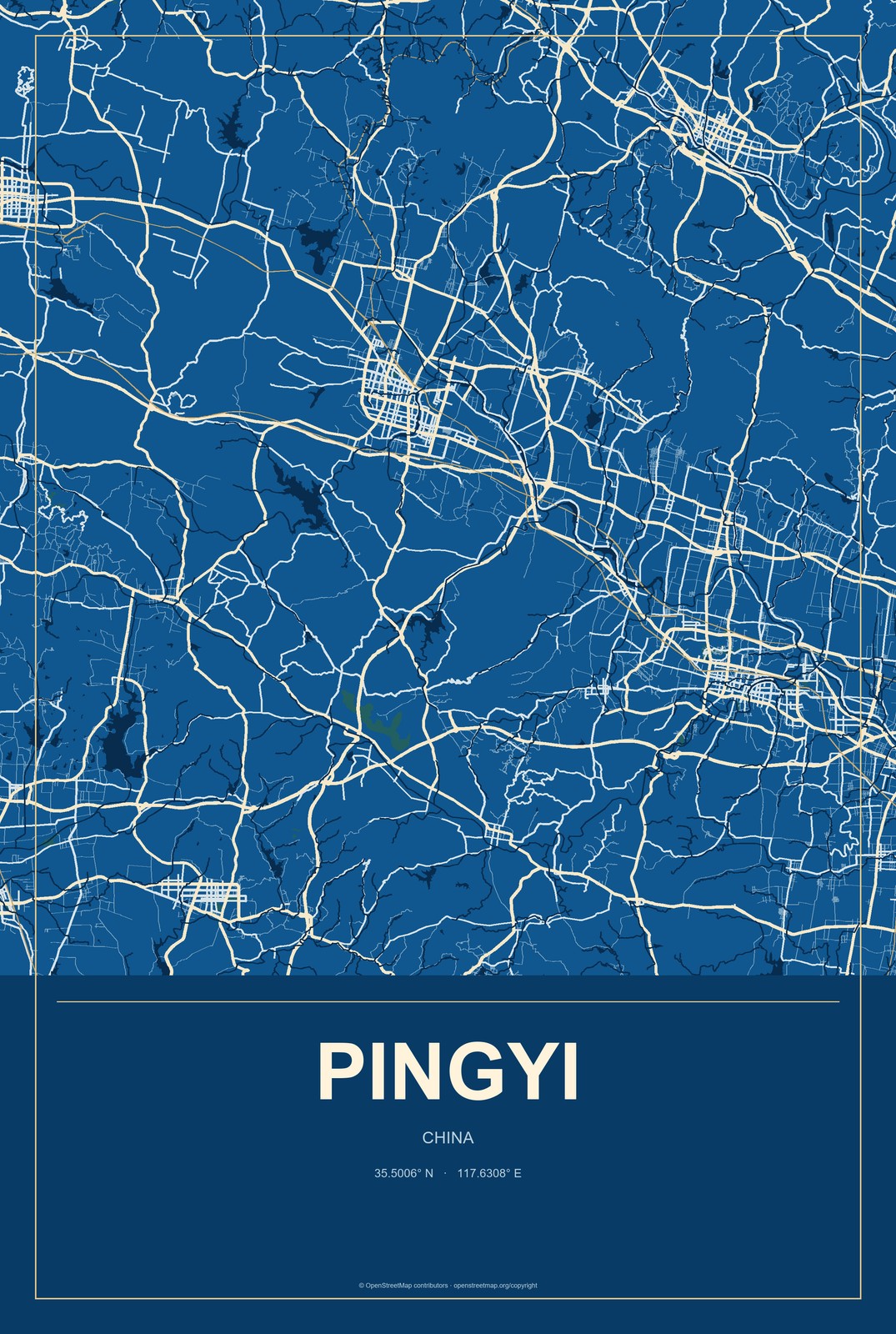Pingyi, China City Map Aluminum Sign in Harbor Cobalt style