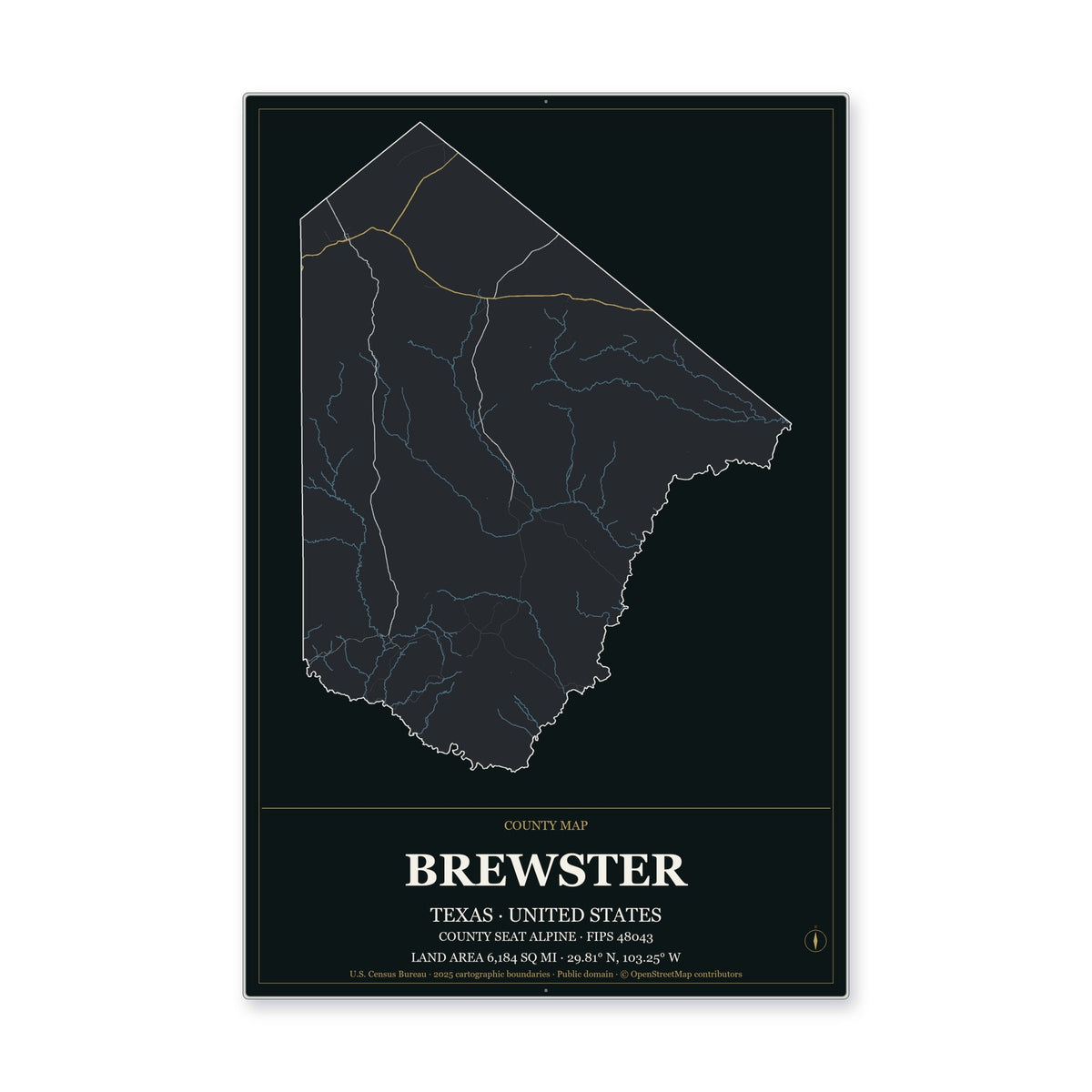 Brewster County, Texas Map Aluminum Sign in Metropolitan Noir style