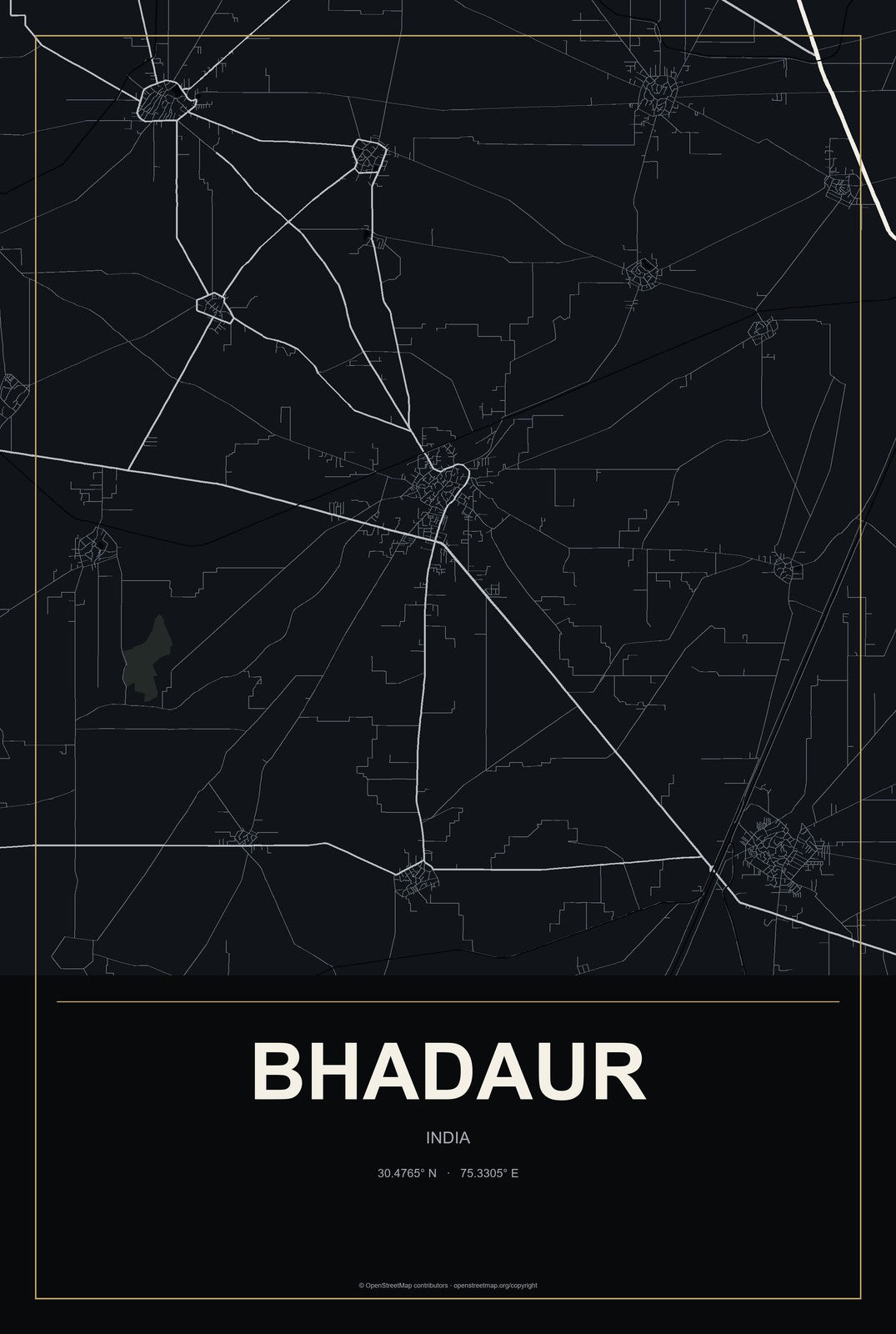 Bhadaur, India City Map Aluminum Sign in Metropolitan Noir style