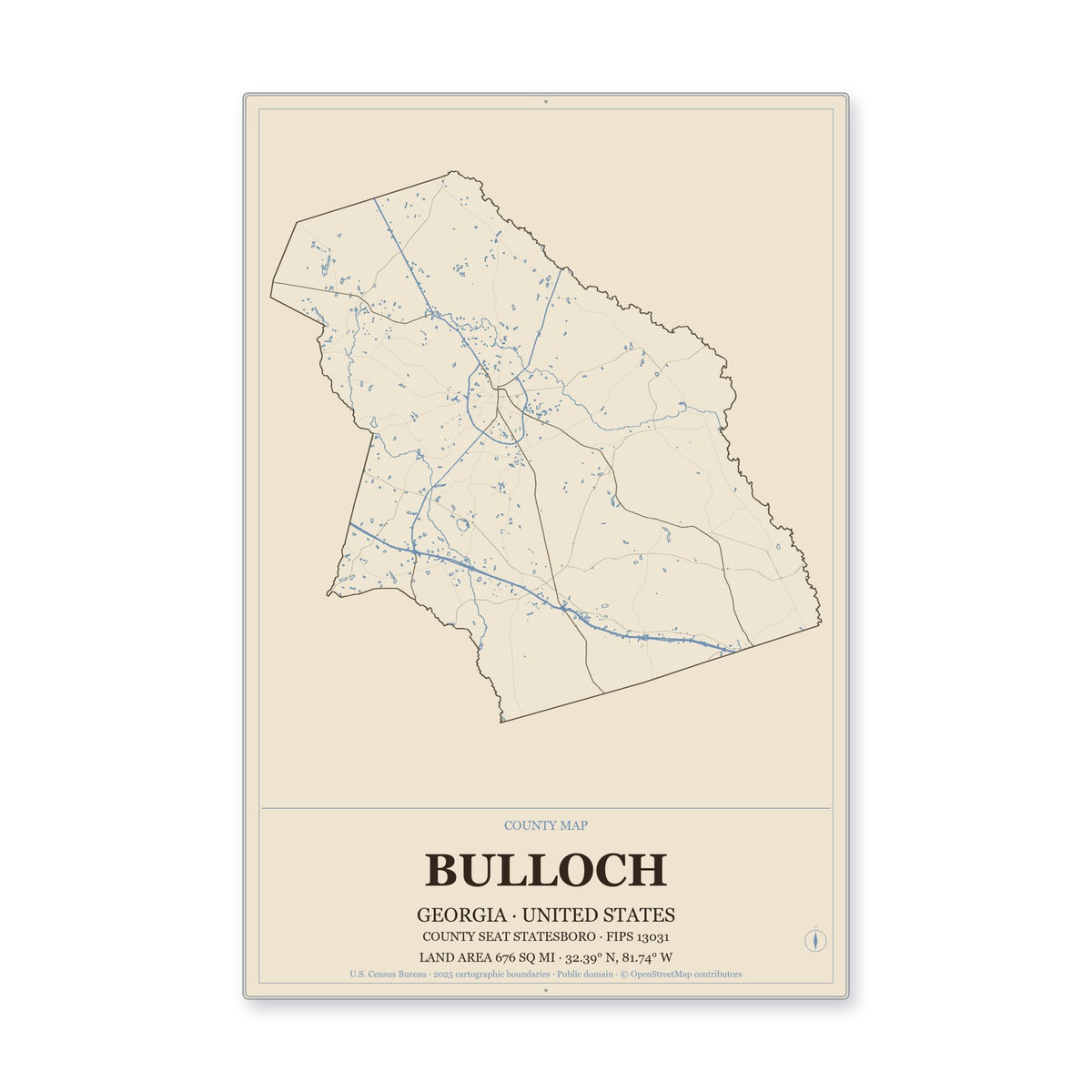 Bulloch County, Georgia Map Aluminum Sign in Heritage Nautical style
