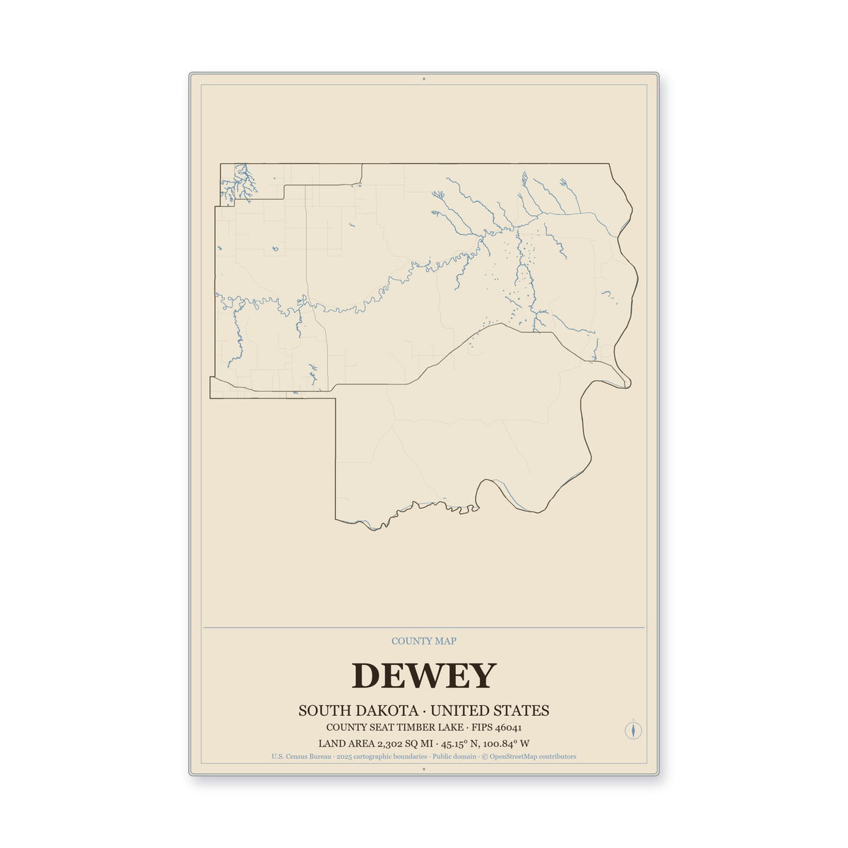 Dewey County, South Dakota Map Aluminum Sign in Heritage Nautical style