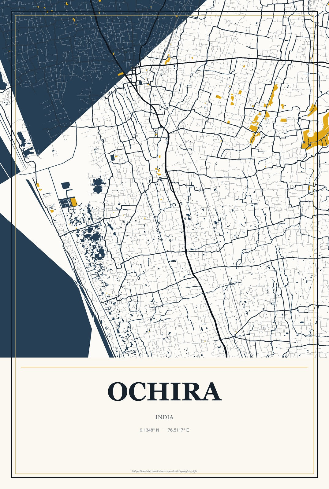 Ochira, India City Map Aluminum Sign in Citrine Modern style