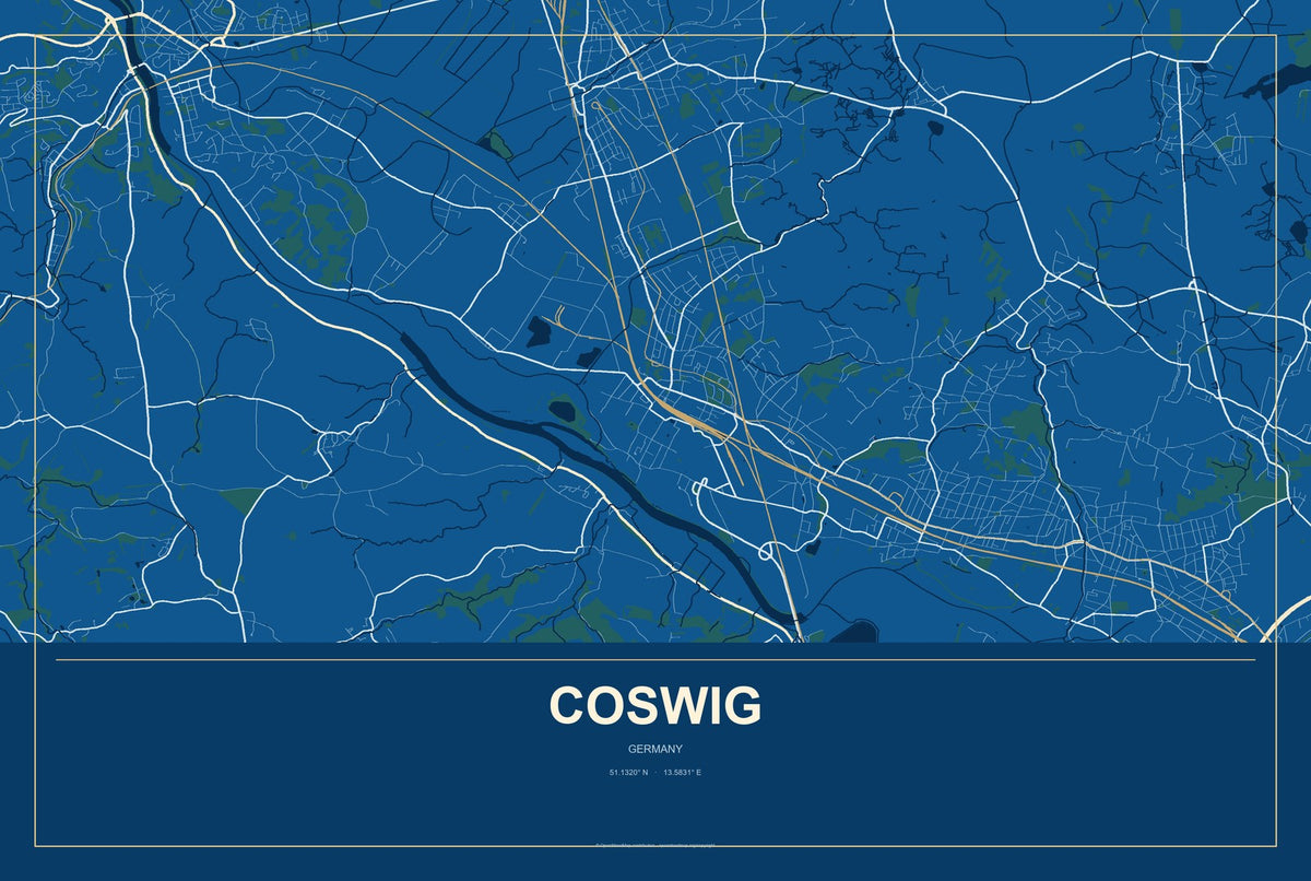 Coswig, Germany City Map Aluminum Sign in Harbor Cobalt style
