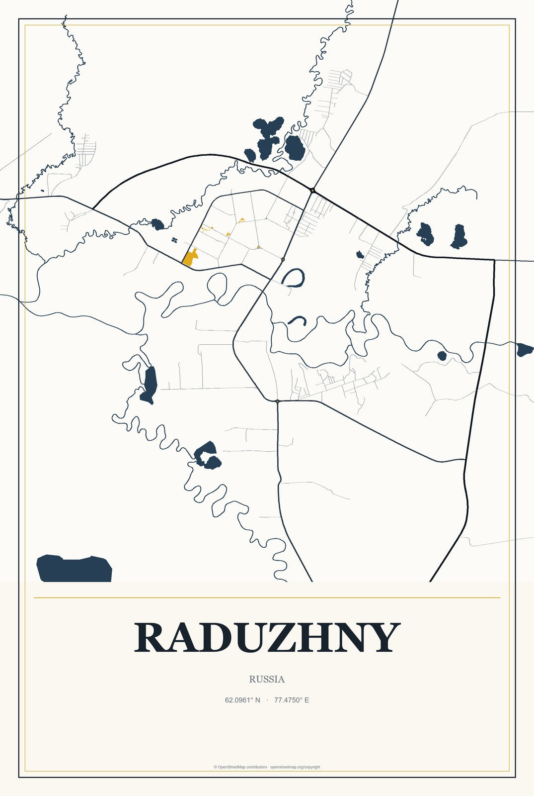Raduzhny, Russia City Map Aluminum Sign in Citrine Modern style