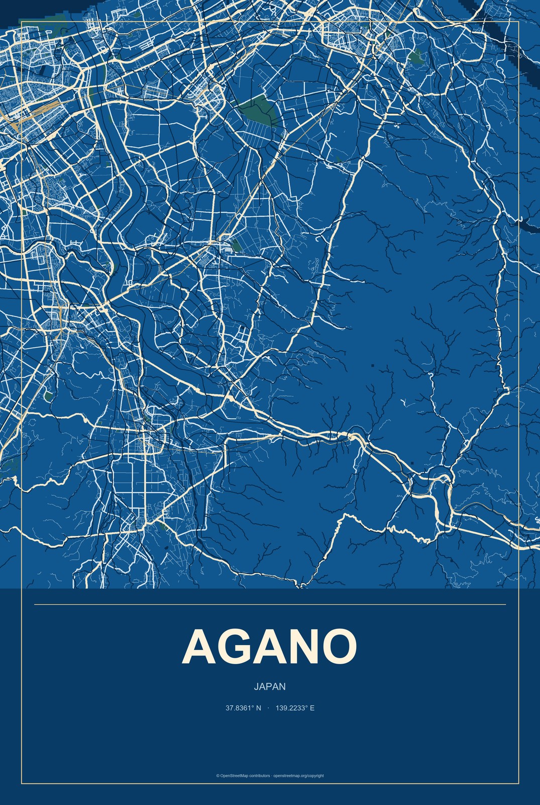 Agano, Japan City Map Aluminum Sign in Harbor Cobalt style