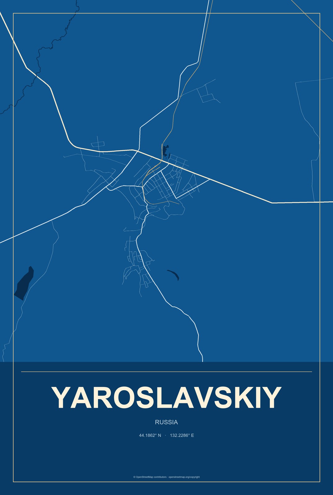 Yaroslavskiy, Russia City Map Aluminum Sign in Harbor Cobalt style