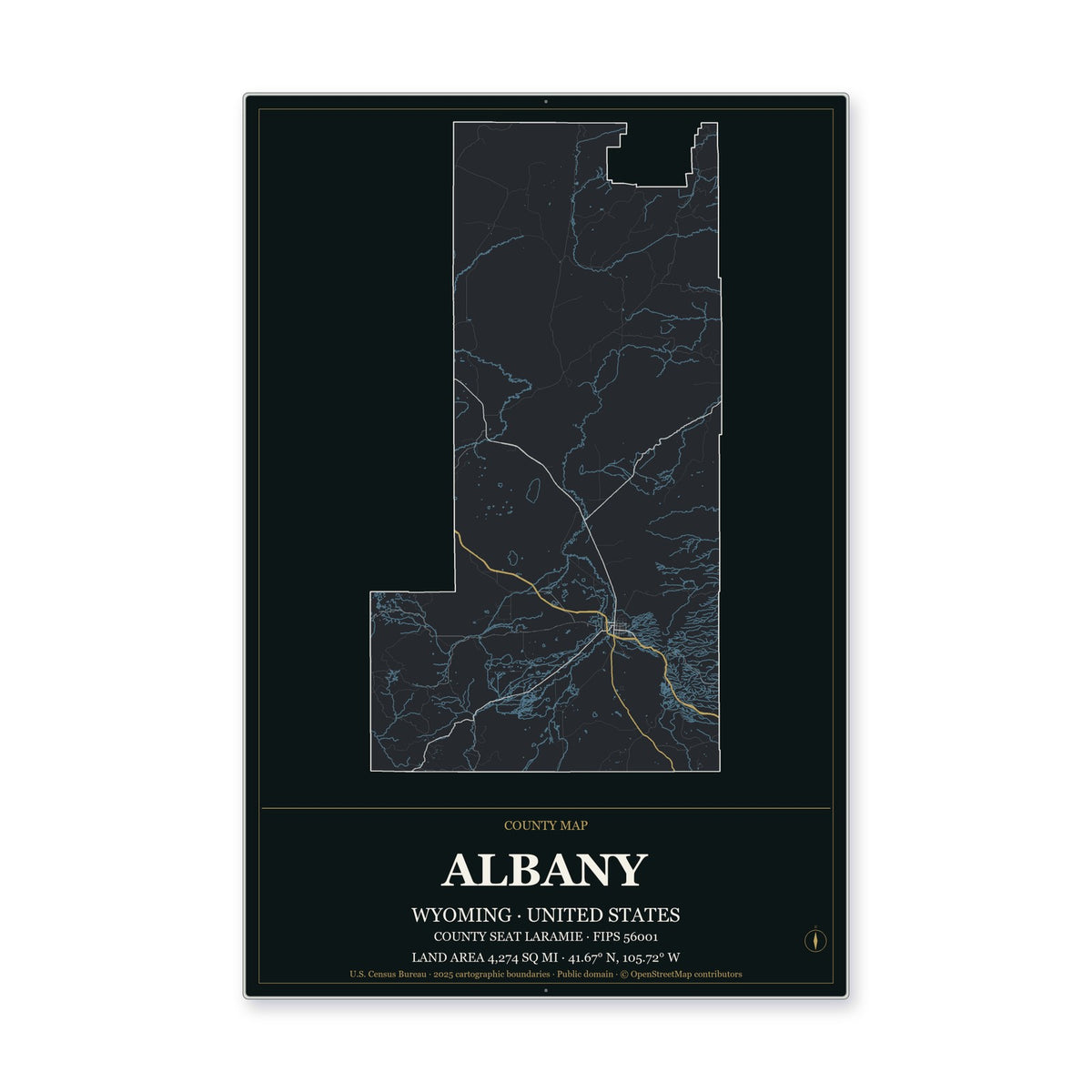 Albany County, Wyoming Map Aluminum Sign in Metropolitan Noir style