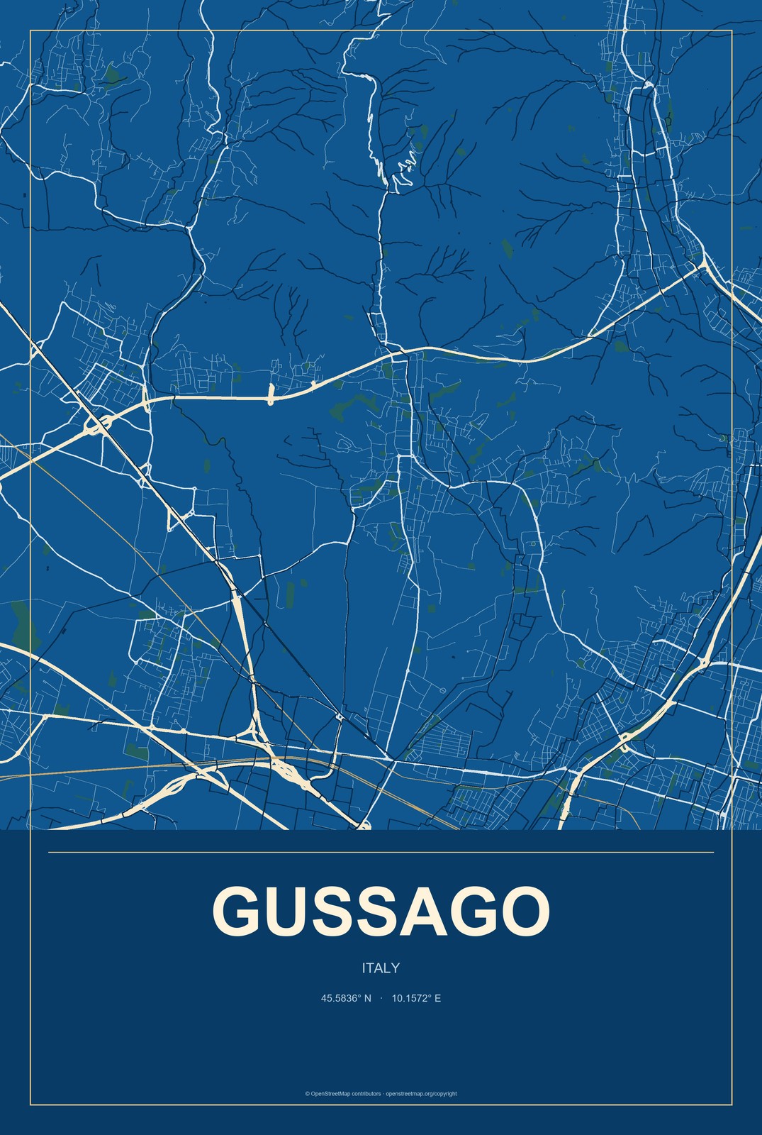 Gussago, Italy City Map Aluminum Sign in Harbor Cobalt style