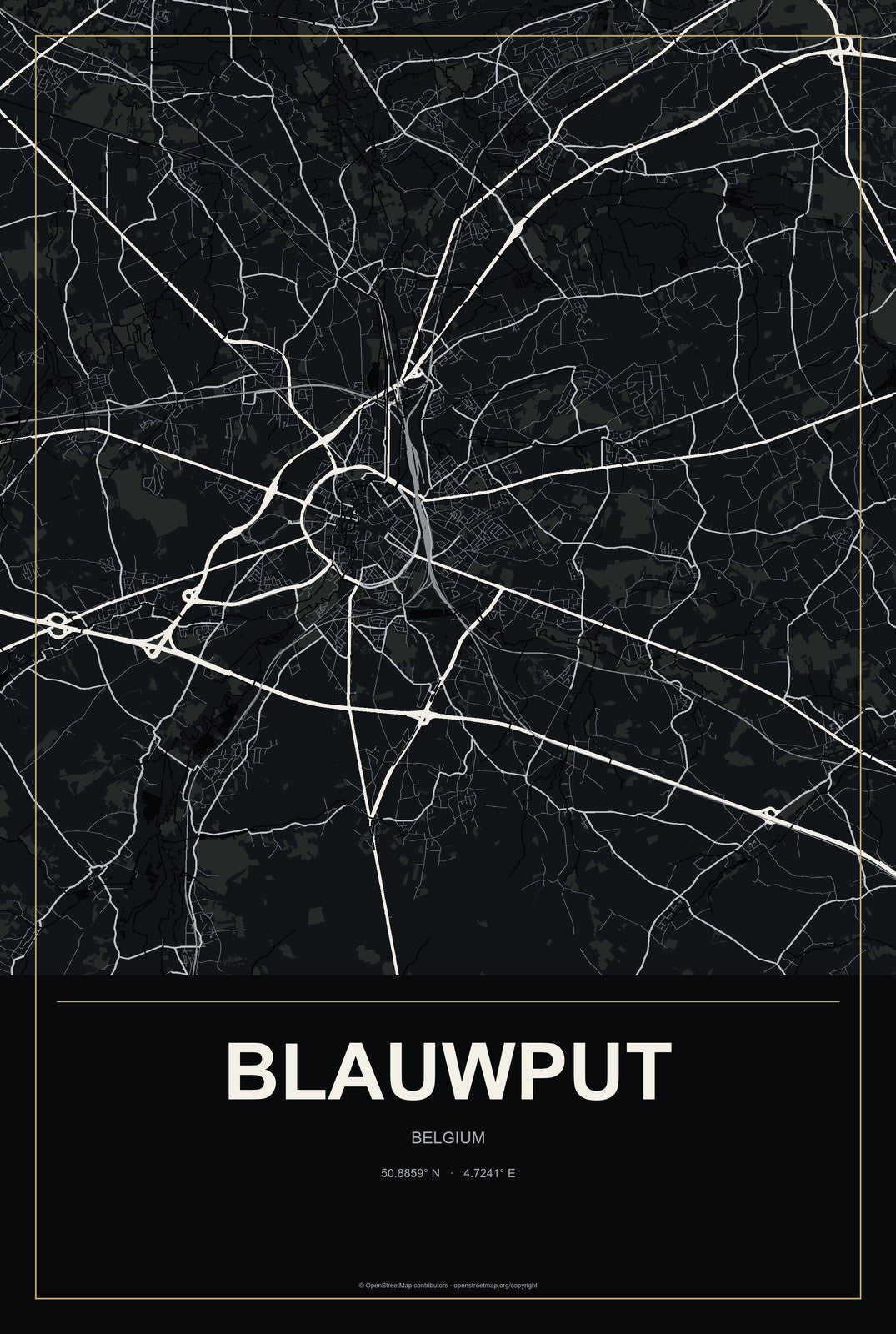 Blauwput, Belgium City Map Aluminum Sign in Metropolitan Noir style