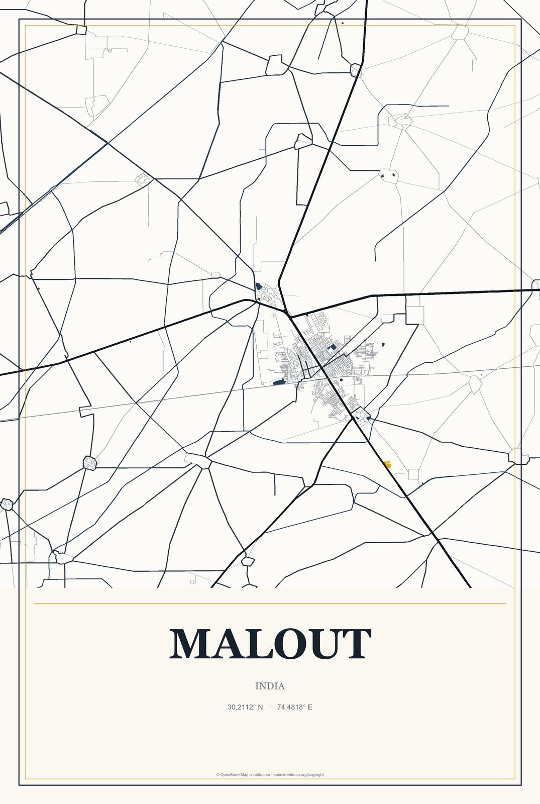 Malout, India City Map Aluminum Sign in Citrine Modern style
