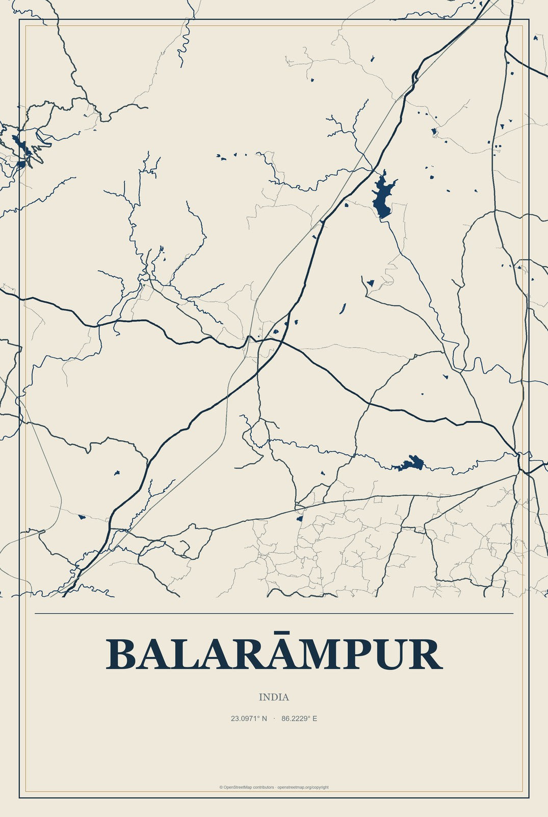 Balarāmpur, India City Map Aluminum Sign in Coastal Cutout style